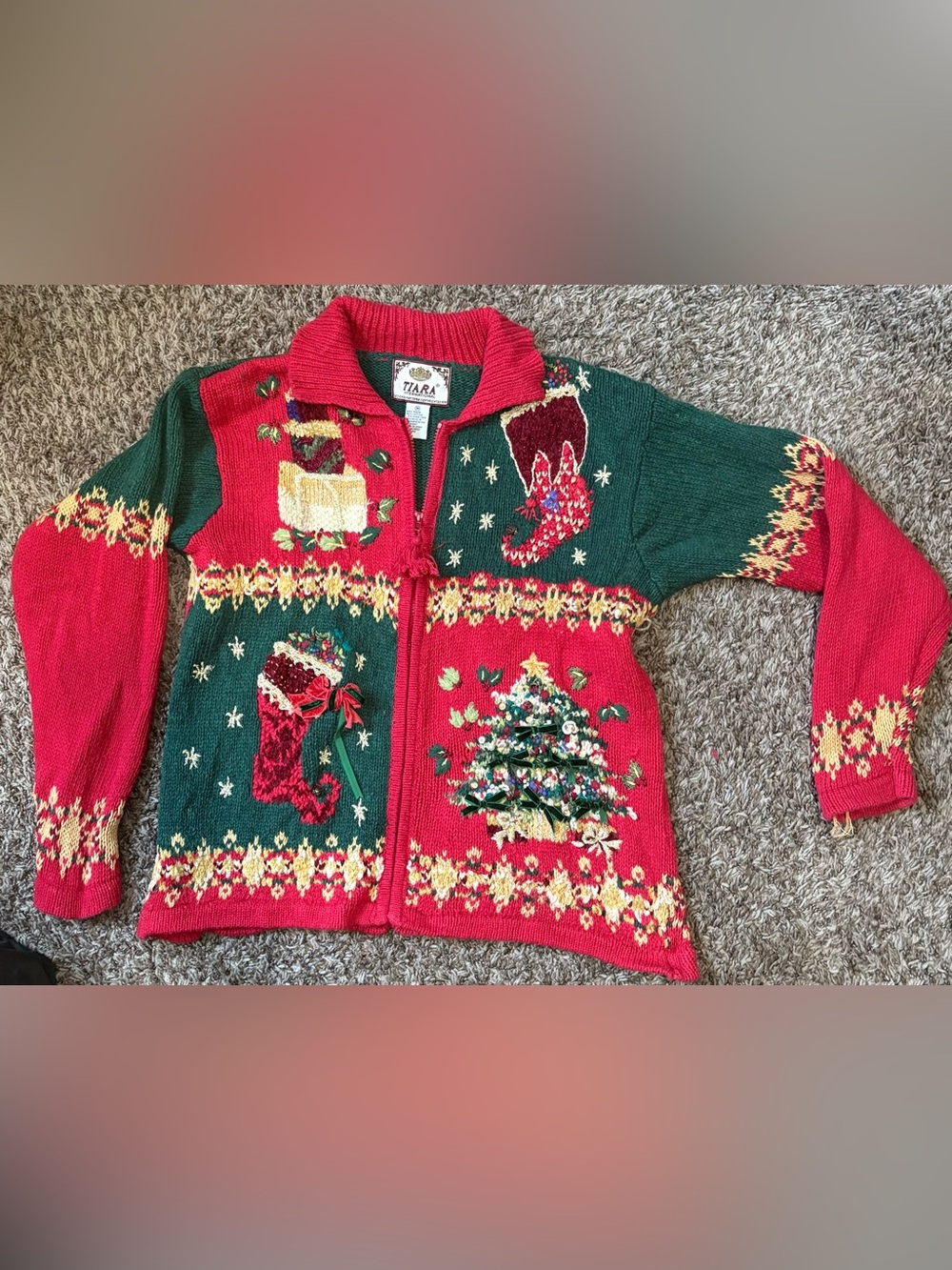 Tiara Red & Green Holiday Knit Jacket with Festive Appliqués